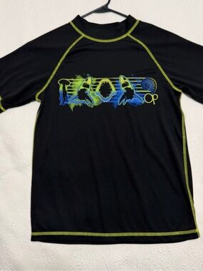 OP Kids Black Rashguard with Neon Green & Blue Shark Graphic